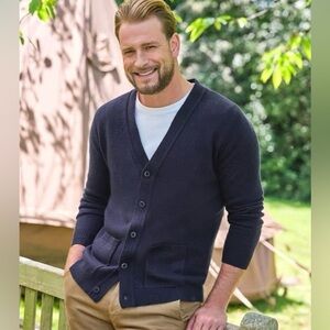 Woolovers Mens Lambswool‎ V Neck Pure Lambswool Cardigan Navy Blue Size XLarge